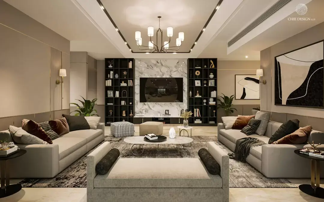 Executive Residence & Spatial Suite living room featuring Italian marble wall and sculptural ceiling coves