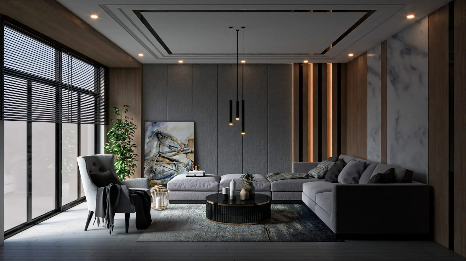RSON Design Studio — Contemporary Minimalist Living Lounge with Fluted Timber and Linear Coves